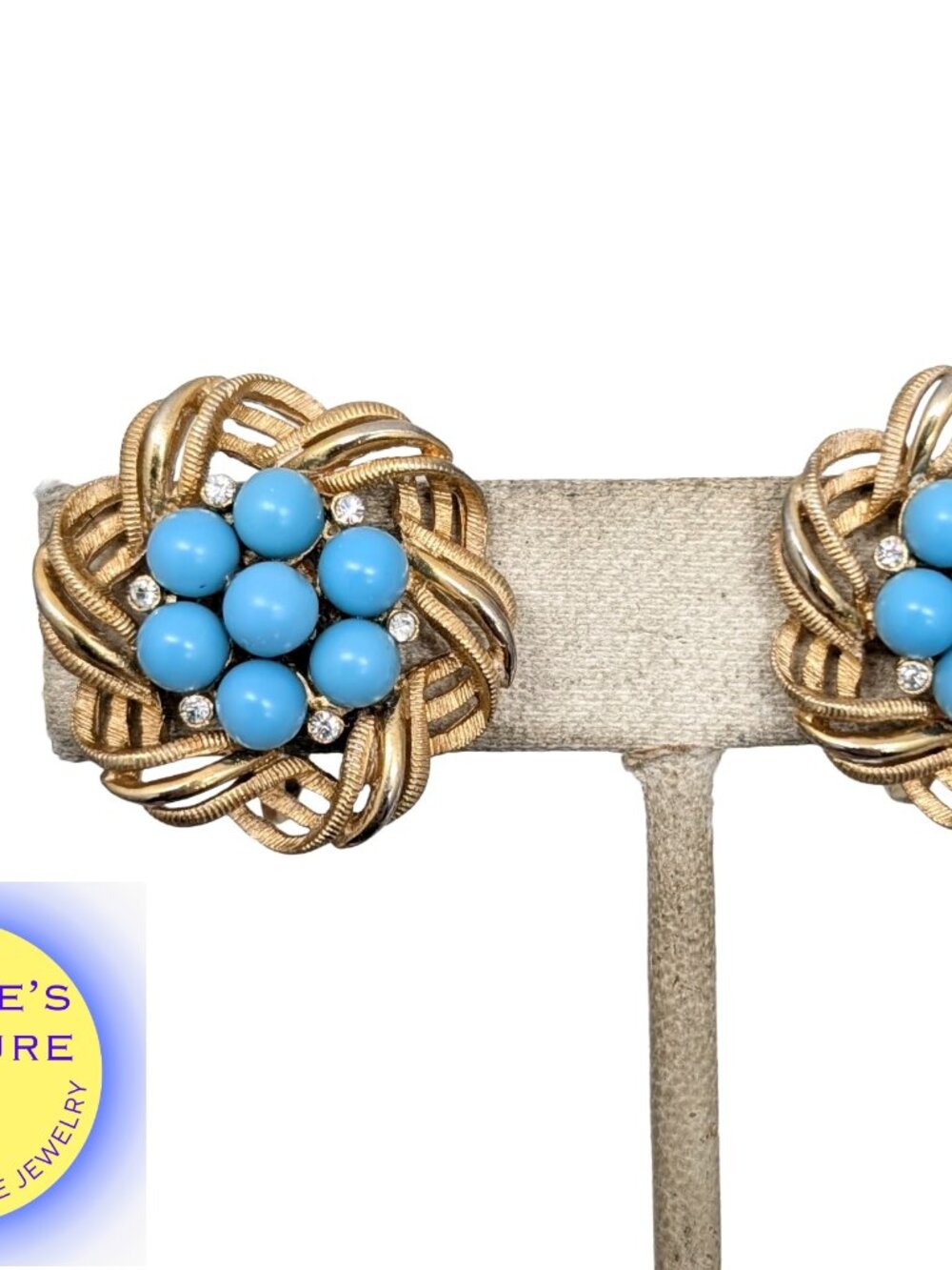 Vintage Signed Crown Trifari Goldtone Cabochon Faux-Turquoise Clip Earrings